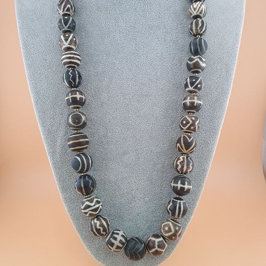 Burmese Antique Pumtek Pyu Petrified Wood Stone Beads Necklace 24 Inches