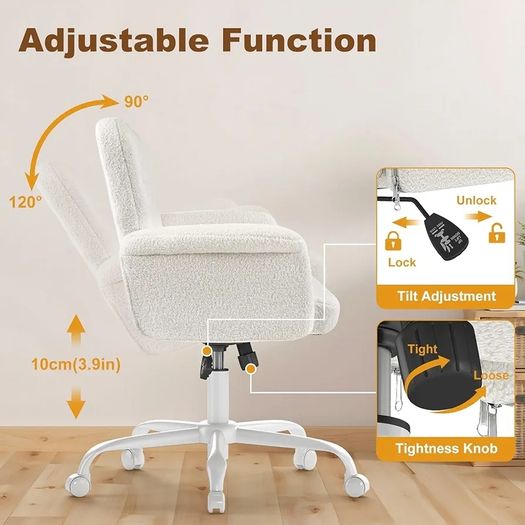 Home Office Desk Chair, Comfy Upholstered Fuzzy Vanity Chair with Wheels and Arms, Teddy Velvet Cute Adjustable Swivel Computer Seat for Living Room, Bedroom, Make Up and Salon, White