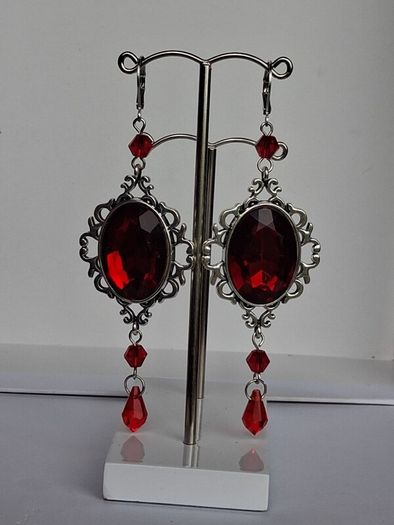 Gothic Ornate Filigree Deep Red Garnet Tassel Earrings