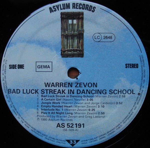 Warren Zevon  Bad Luck Streak In Dancing School