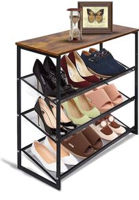 Shoe Rack, 4-Tier Shoe Racks Storage with Flat & Slant Adjustable Metal Mesh Shelves, Free Standing Shoe Rack Organizer for Entryway, Hallway, Closet, Industrial, Rustic Brown Black (FREE POSTAGE)