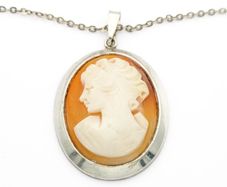 Lady Cameo Carved Shell Sterling Silver Necklace