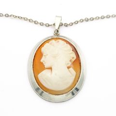 Lady Cameo Carved Shell Sterling Silver Necklace