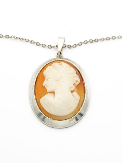 Lady Cameo Carved Shell Sterling Silver Necklace