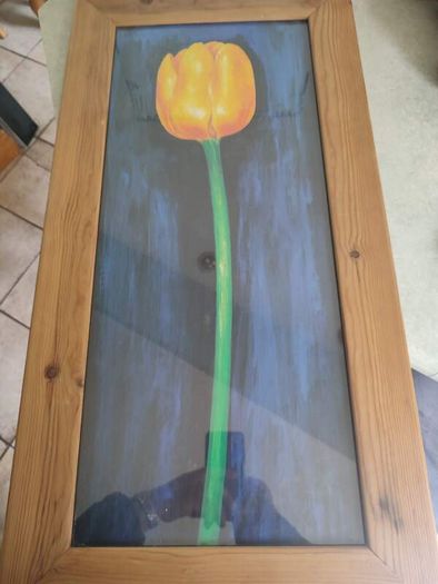 Lovely Framed Print Of Yellow Tulip On Blue In Tall Pine Wood Frame.