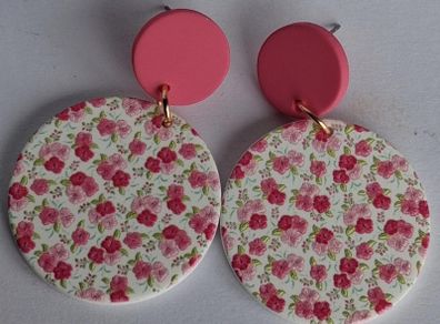 Pink & White Blossom Motif Round Earrings