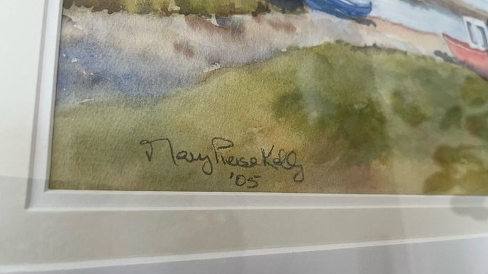Signed Original Watercolour Painting, Coastal Harbour Scene, Mary Teresa Kelly, 2005