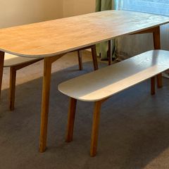 White Danish design dining table with benches