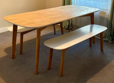 White Danish design dining table with benches