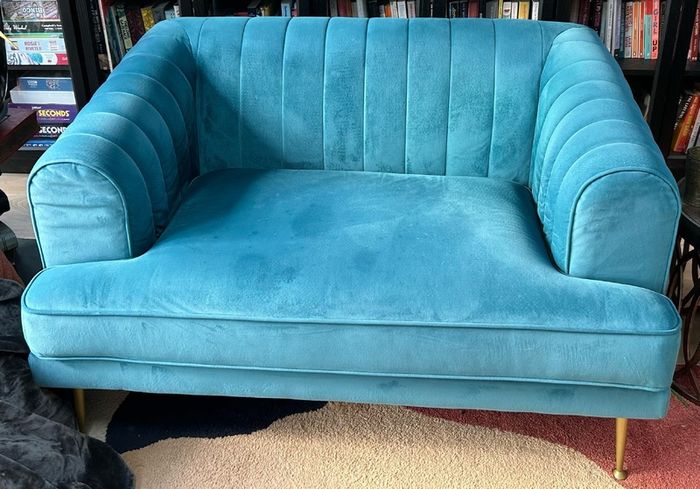 Teal dfs Enchanted sofa set. Four seater and cuddle seat.