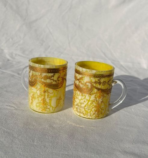 Pair Victorian Bohemian Yellow Spatter Glass Mugs - Gold Enamel - Souvenir - c1900