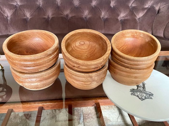 Rare Set 6 Rustic Irish Wood Turned Beehive Style Bowls Retos Shannon 1970s