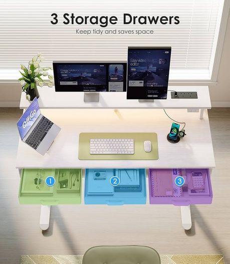 Electric Standing Desk, 120 x 54cm Height Adjustable Desk with 3 Drawers, RGB LED Strip & Charging Station for Home Office Computer Workstation, Computer Table with Monitor Stand, White