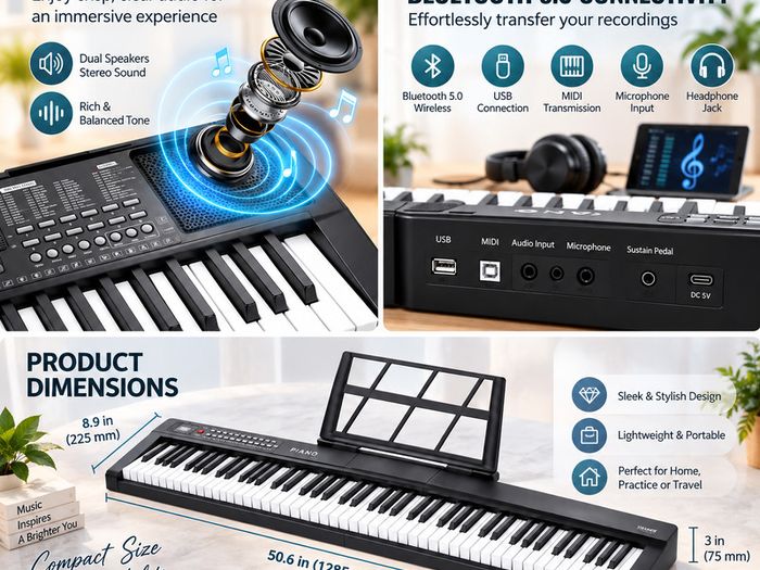 88 Key Semi Weighted Digital Piano Bluetooth MIDI Headphones