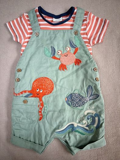Next Sage Green Sea Life Dungarees & Bodysuit Set Size 6-9 Months 68cm