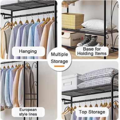 BRAND NEW Black Metal Garment Rack Stand for Bedroom with Storage Shelves 2 Shelf