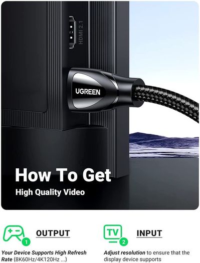 Ugreen 3M HDMI 2.1 UHD/3D 8K (7680x4320@60Hz) 48Gbps Ultra High Speed Cotton Braided (Nickel-Plated) Cable (Brand New/Warranty)