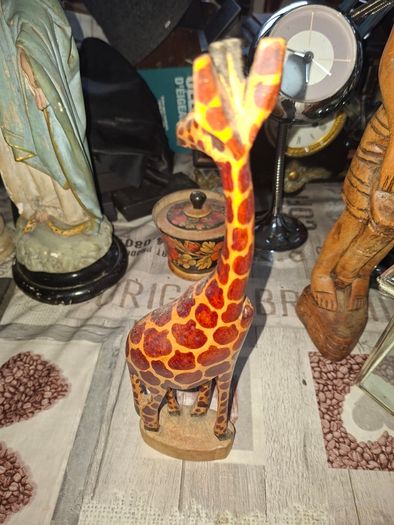 Very Large Vintage Hand Carved Wooden Mother & Baby Giraffe African Folk Art Sculpture and another Giraffe, 3 in total