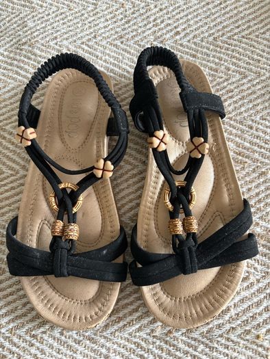 Dressy black summer sandals - sparkly strap / holiday shoes
