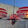 Vintage 1960s Mid-Century Three-Arm Chandelier Red and White Geometric Glass Image 5