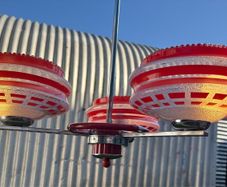 Vintage 1960s Mid-Century Three-Arm Chandelier Red and White Geometric Glass