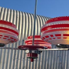 Vintage 1960s Mid-Century Three-Arm Chandelier Red and White Geometric Glass