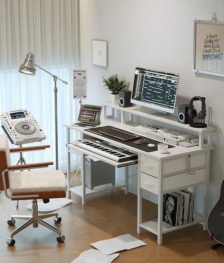 Computer Desk with Drawers & Power Outlets, Office Desk with Storage Monitor Stand, Reversible Small Desks for Home Office Bedroom, 120 / 50cm, White