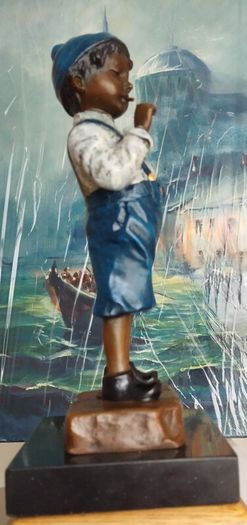 Smoking Boy - Cold Painted Bronze, Marble, Signed