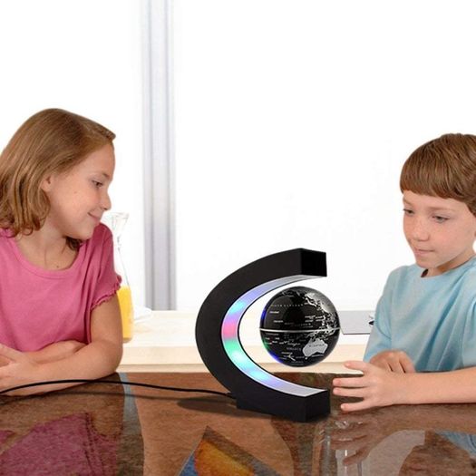 Levitating Globe, C Shape Floating Globe With LED Lights Magnetic Field Levitation World Map Globe Gravity Educational Gift Home Office Desk Decoration (Black)