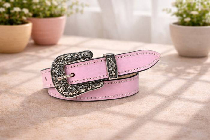 Unisex Premium Pink Genuine Leather Belt Vintage Engraved Silver Buckle