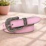 Unisex Premium Pink Genuine Leather Belt Vintage Engraved Silver Buckle Image 2