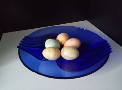 French Arcoroc Cobalt Blue Glass Plate  and Marble Eggs