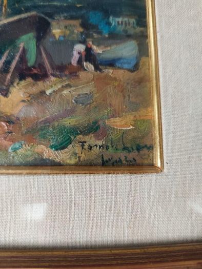Oil painting of boats on the shore