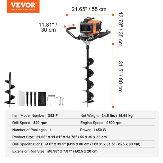 52cc Petrol Post Hole Digger with 6 & 10in Bits