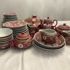 Chinese dinner set, porcelain Longevity Wan Shou Wu Jiang red famille rose, 48pc, no damage, Kilternan D18