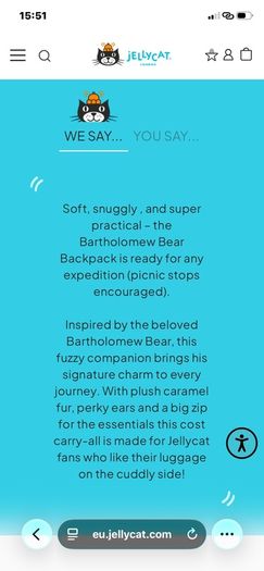 New JELLYCAT Bartholomew Bear Backpack