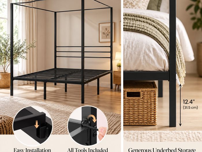 Black Metal Double Four Poster Canopy Bed Frame with Underbed Storage