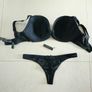 Ann Summers Ebony Set Bra 34F Thong s.10/38 Black Satin and Lace Image 4