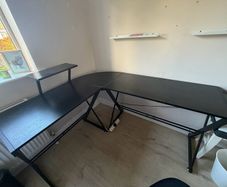Black L-Shaped Corner Desk with Monitor Shelf