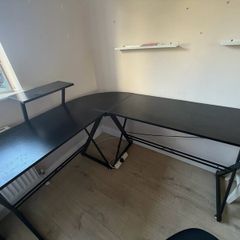 Black L-Shaped Corner Desk with Monitor Shelf