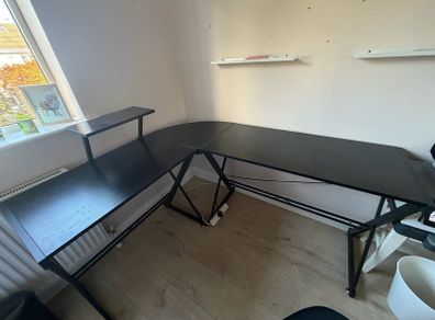 Black L-Shaped Corner Desk with Monitor Shelf