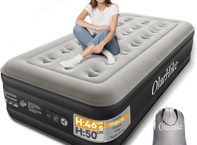 Single Airbed XL, Inflatable Air Mattress with Built-in Pump, Blow Up Bed, Self Inflating Folding Guest Air bed with Flocked Surface For Camping & Home Use, 200cm L x 90cm W x 46cm H(Black)
