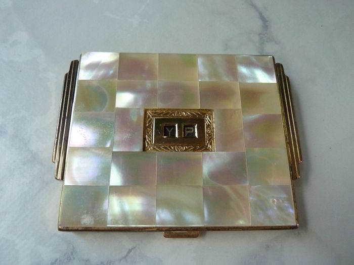 Rare and Genuine Art Deco AGME Switzerland Gold Tone Mother of Pearl Compact with Adjustable Initials