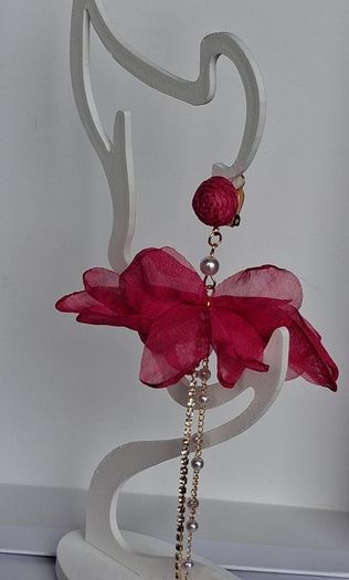 Fuchsia Pink Clip On Tassel Chain Crystal & Pearl Earrings