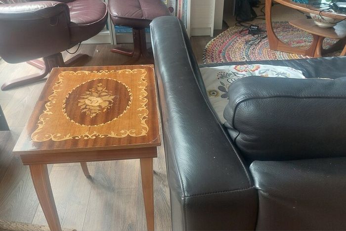 Vintage Mid Century Side Table with a Handmade Marquetry Panel Top Featuring a Floral Motif, Unknown Maker, Presume Italian-Made, Condition Issues, Needs Restoring