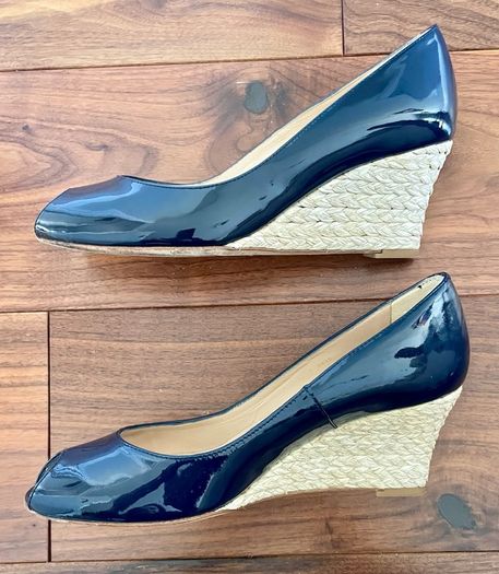 LK Bennett Eevi Navy Patent Espadrille Wedges