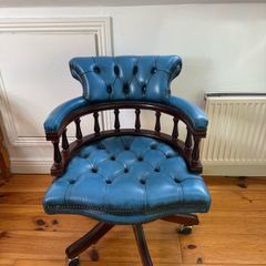 Vintage Chesterfield Office Chair Blue Leather and Solid Wood