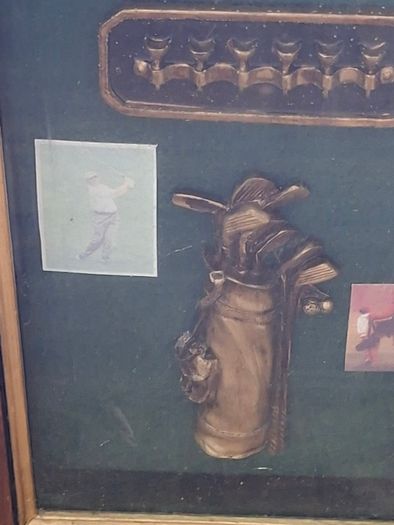 Beautiful Wooden Golf-Themed Shadow Box and Storage Unit with Shelves Cabinet, featuring a glass door front Inside the glass display panel, it showcases a vintage-style collage celebrating the history of golf,