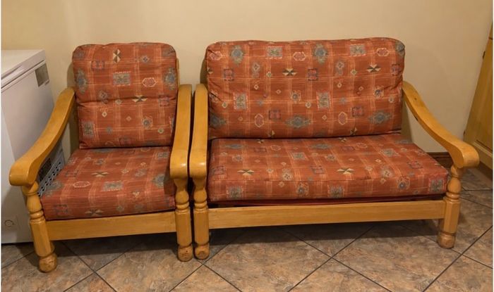 Wooden Two-Seater Sofa & Matching Armchair