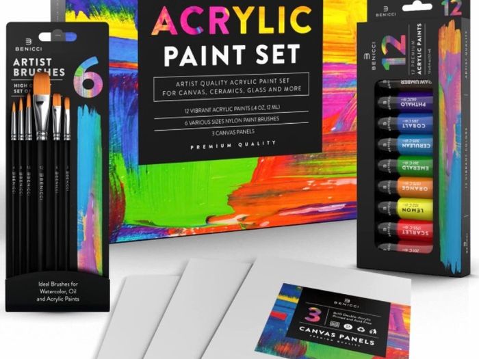 Acrylic Paint Set for Kids, Artists and Adults - 12 Vibrant Colors, 6 Brushes and 3 Paint Canvases